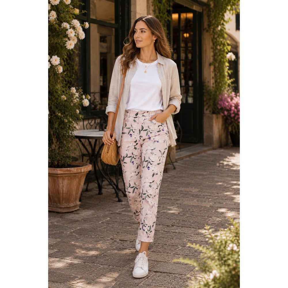 7 For All Mankind Botanical Floral High Rise Ankle Jeans 28 Blush Beige